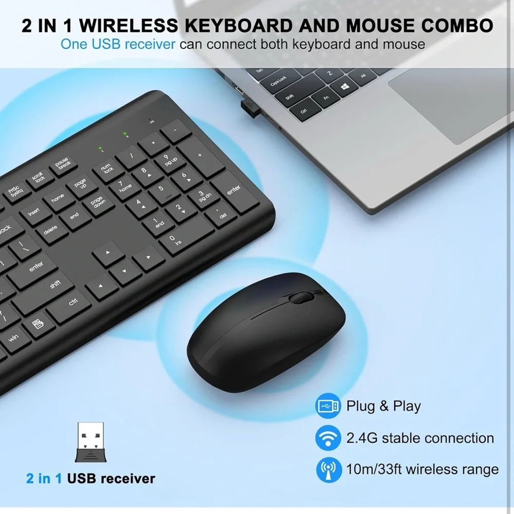 Wireless Keyboard and Mouse Combo, Full Size Silent Ergonomic Keyboard and Mouse